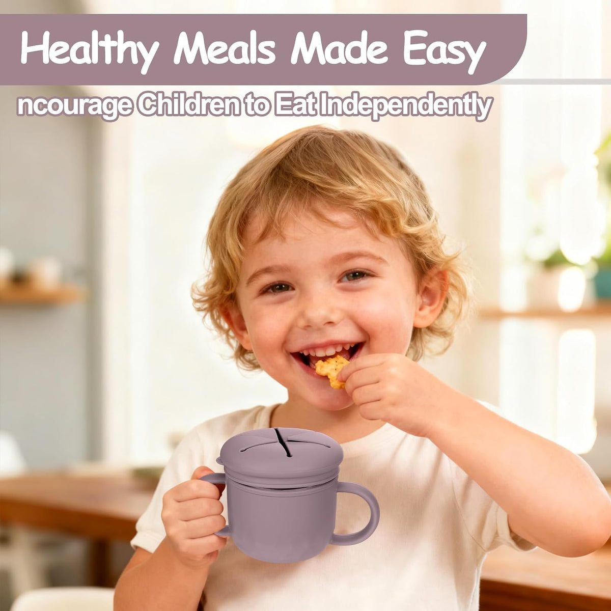 2-Pack Stainless Steel Snack Containers, 4-in-1 Spill proof Snack Cups With Silicone Lid and Handle, Dishwasher Safe Travel Snack Containers for Kids and Infants (Purple + Gray)