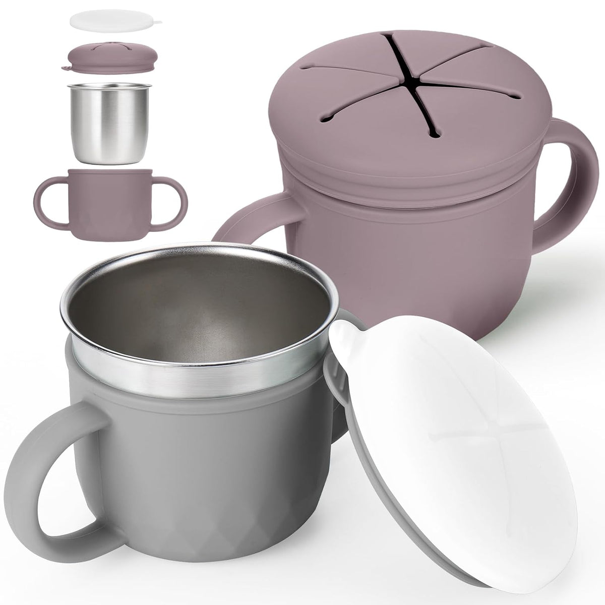 2-Pack Stainless Steel Snack Containers, 4-in-1 Spill proof Snack Cups With Silicone Lid and Handle, Dishwasher Safe Travel Snack Containers for Kids and Infants (Purple + Gray)