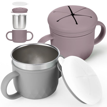 2-Pack Stainless Steel Snack Containers, 4-in-1 Spill proof Snack Cups With Silicone Lid and Handle, Dishwasher Safe Travel Snack Containers for Kids and Infants (Purple + Gray)