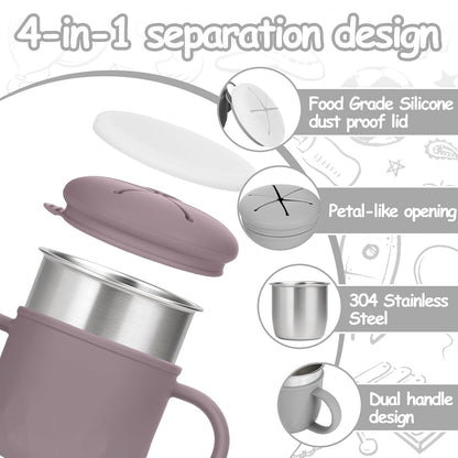 2-Pack Stainless Steel Snack Containers, 4-in-1 Spill proof Snack Cups With Silicone Lid and Handle, Dishwasher Safe Travel Snack Containers for Kids and Infants (Purple + Gray)