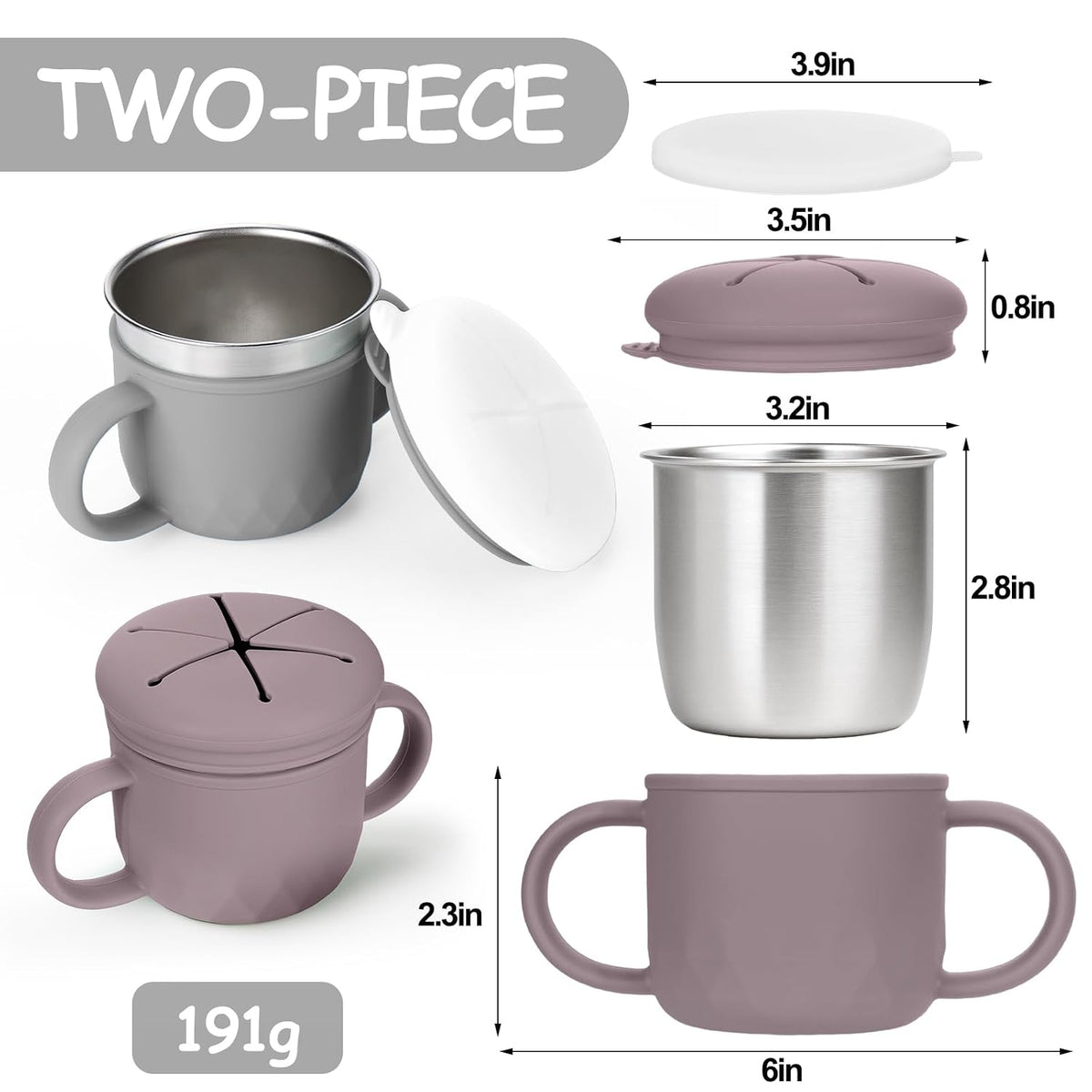 2-Pack Stainless Steel Snack Containers, 4-in-1 Spill proof Snack Cups With Silicone Lid and Handle, Dishwasher Safe Travel Snack Containers for Kids and Infants (Purple + Gray)