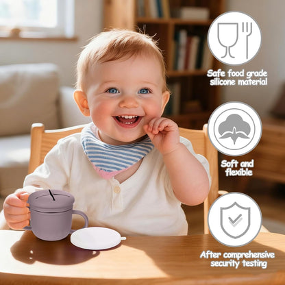 2-Pack Stainless Steel Snack Containers, 4-in-1 Spill proof Snack Cups With Silicone Lid and Handle, Dishwasher Safe Travel Snack Containers for Kids and Infants (Purple + Gray)