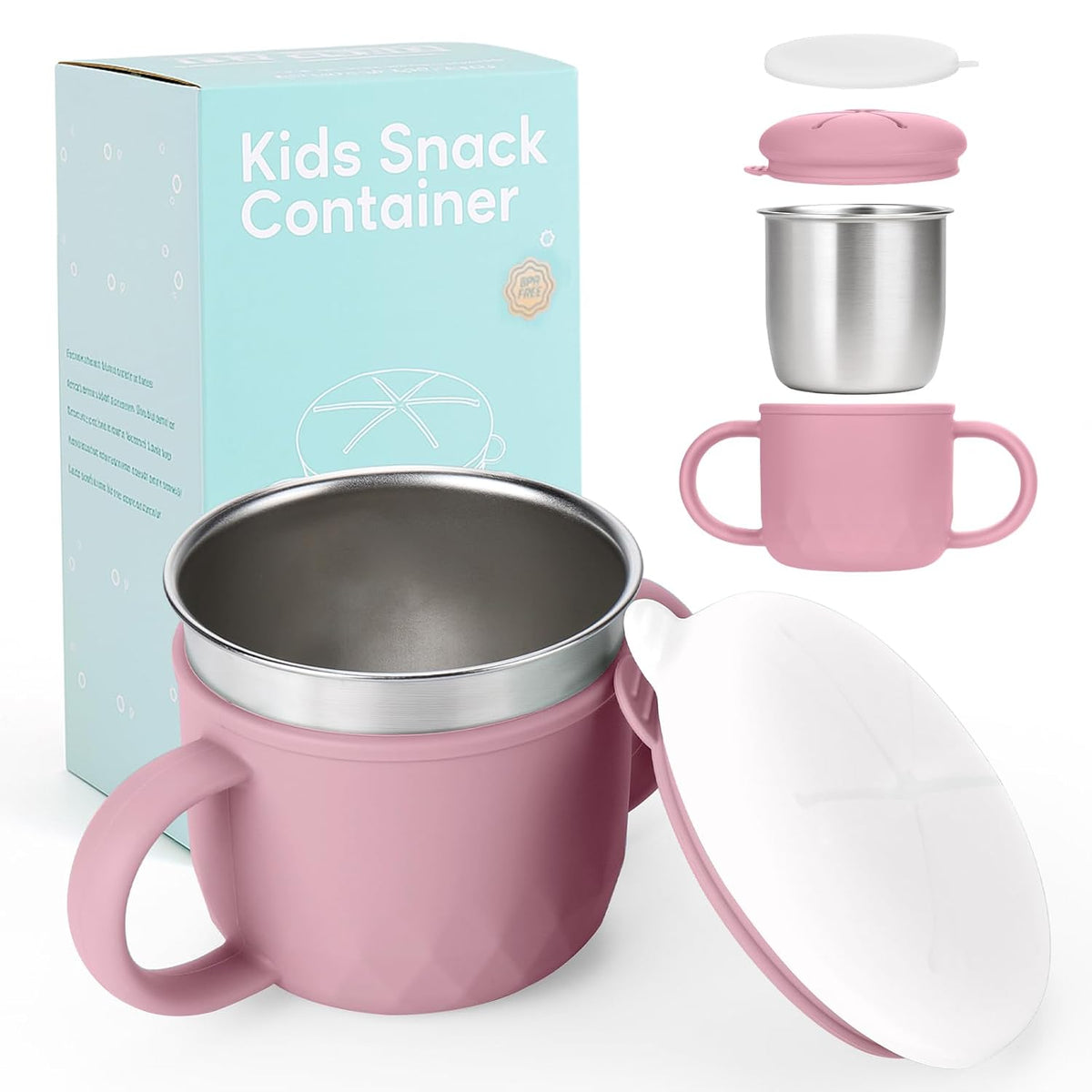 2-Pack Stainless Steel Snack Containers, 4-in-1 Spill proof Snack Cups With Silicone Lid and Handle, Dishwasher Safe Travel Snack Containers for Kids and Infants (Purple + Gray)