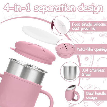 2-Pack Stainless Steel Snack Containers, 4-in-1 Spill proof Snack Cups With Silicone Lid and Handle, Dishwasher Safe Travel Snack Containers for Kids and Infants (Purple + Gray)