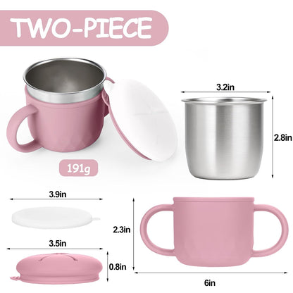 2-Pack Stainless Steel Snack Containers, 4-in-1 Spill proof Snack Cups With Silicone Lid and Handle, Dishwasher Safe Travel Snack Containers for Kids and Infants (Purple + Gray)