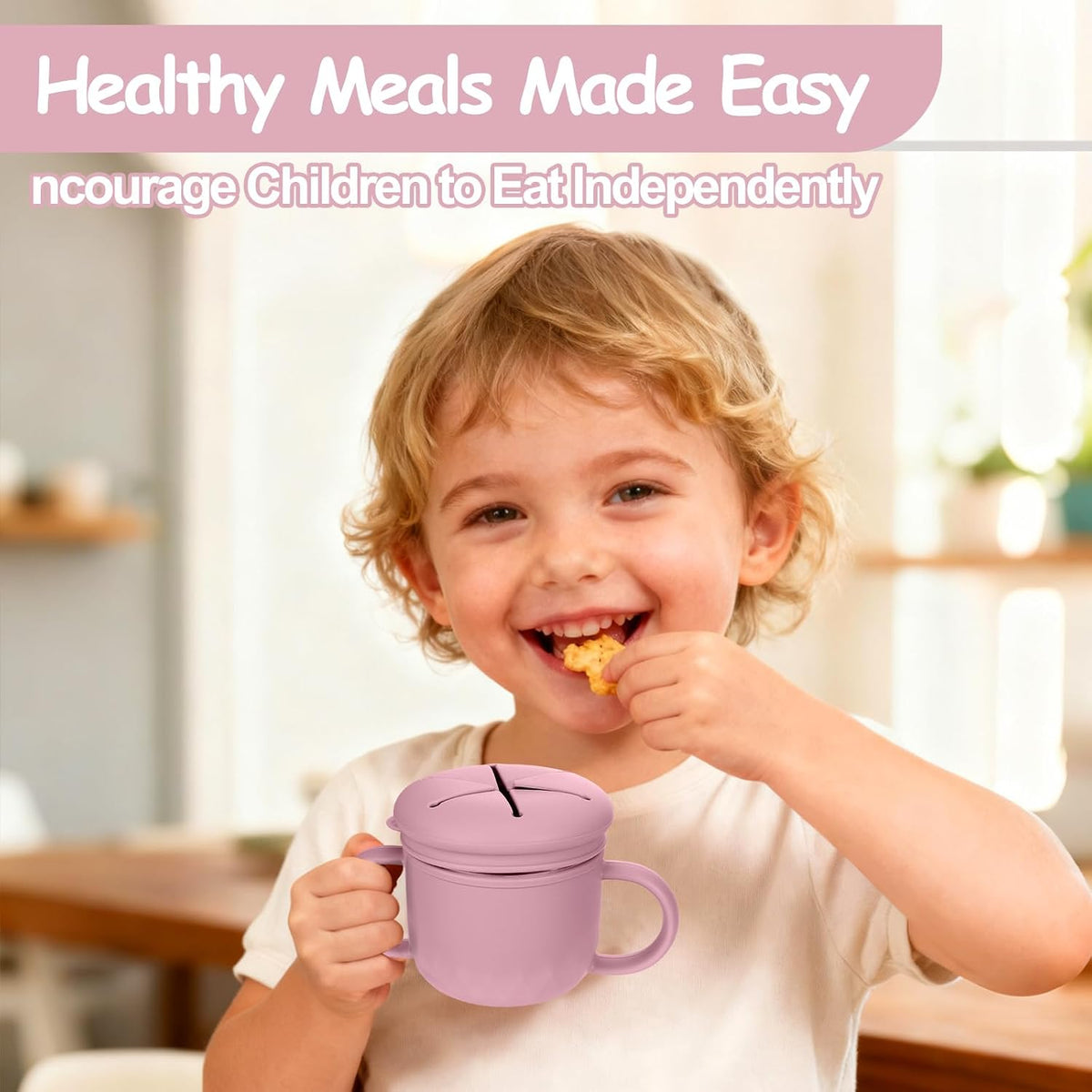 2-Pack Stainless Steel Snack Containers, 4-in-1 Spill proof Snack Cups With Silicone Lid and Handle, Dishwasher Safe Travel Snack Containers for Kids and Infants (Purple + Gray)