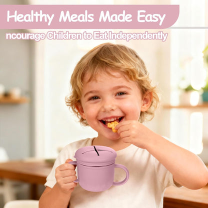2-Pack Stainless Steel Snack Containers, 4-in-1 Spill proof Snack Cups With Silicone Lid and Handle, Dishwasher Safe Travel Snack Containers for Kids and Infants (Purple + Gray)