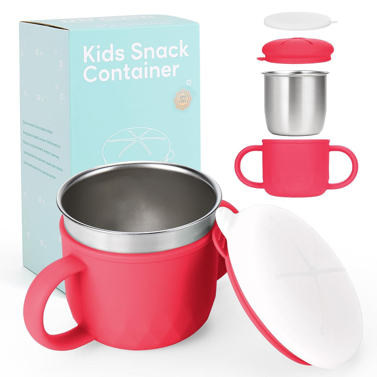 2-Pack Stainless Steel Snack Containers, 4-in-1 Spill proof Snack Cups With Silicone Lid and Handle, Dishwasher Safe Travel Snack Containers for Kids and Infants (Purple + Gray)