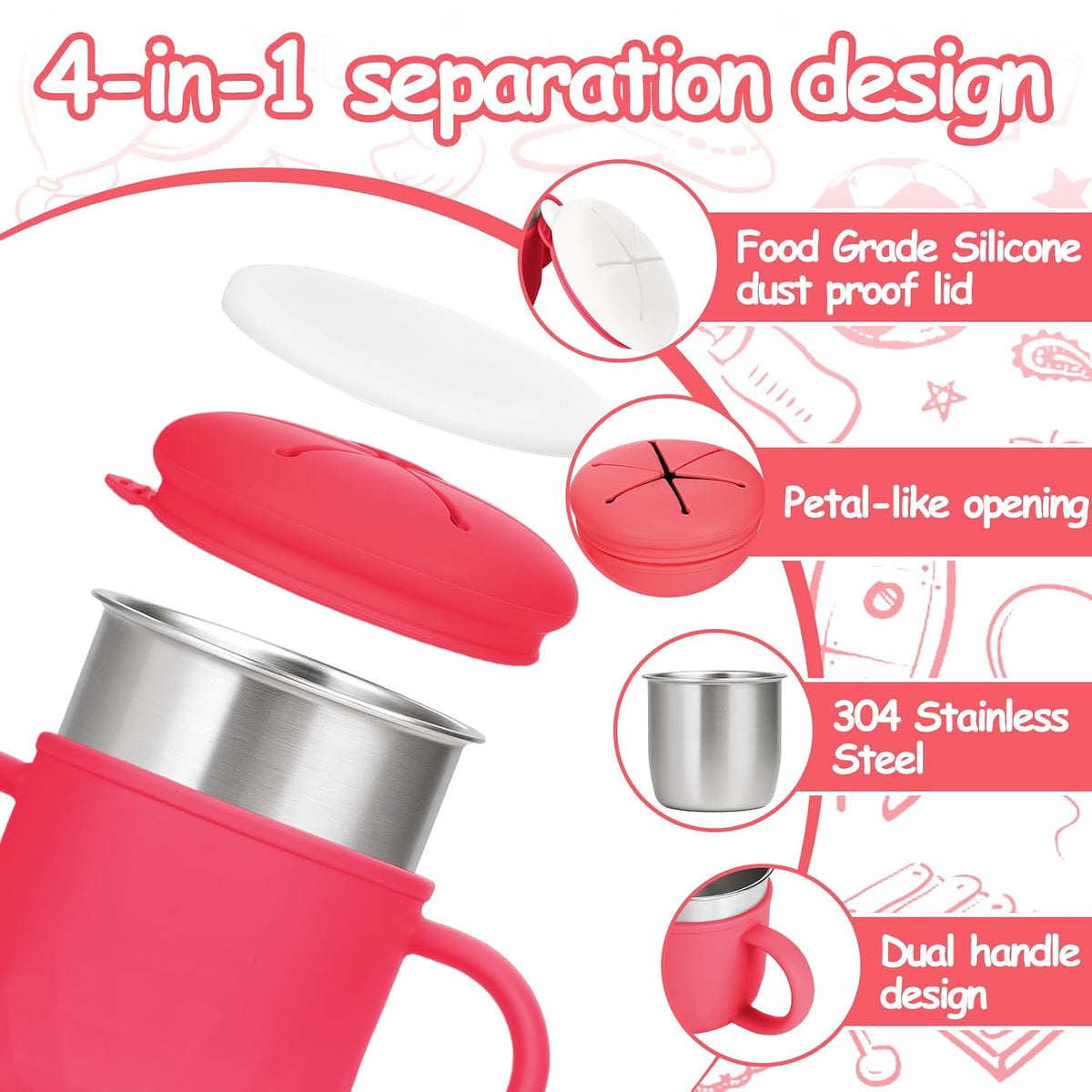 2-Pack Stainless Steel Snack Containers, 4-in-1 Spill proof Snack Cups With Silicone Lid and Handle, Dishwasher Safe Travel Snack Containers for Kids and Infants (Purple + Gray)