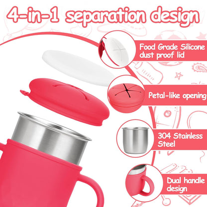 2-Pack Stainless Steel Snack Containers, 4-in-1 Spill proof Snack Cups With Silicone Lid and Handle, Dishwasher Safe Travel Snack Containers for Kids and Infants (Purple + Gray)