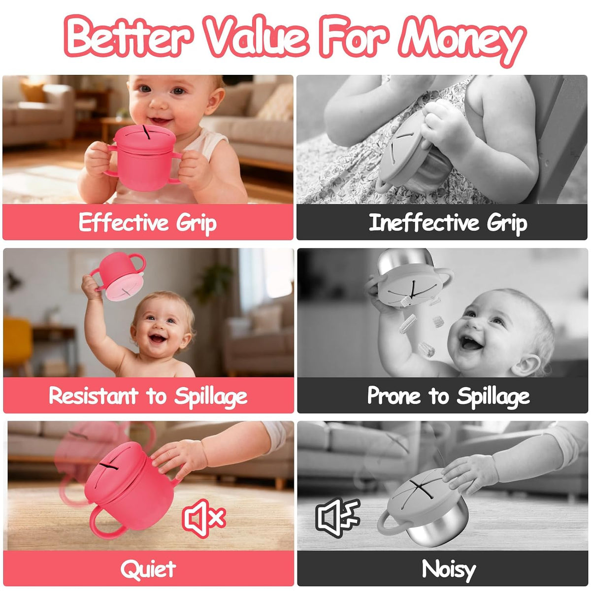 2-Pack Stainless Steel Snack Containers, 4-in-1 Spill proof Snack Cups With Silicone Lid and Handle, Dishwasher Safe Travel Snack Containers for Kids and Infants (Purple + Gray)