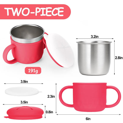 2-Pack Stainless Steel Snack Containers, 4-in-1 Spill proof Snack Cups With Silicone Lid and Handle, Dishwasher Safe Travel Snack Containers for Kids and Infants (Purple + Gray)