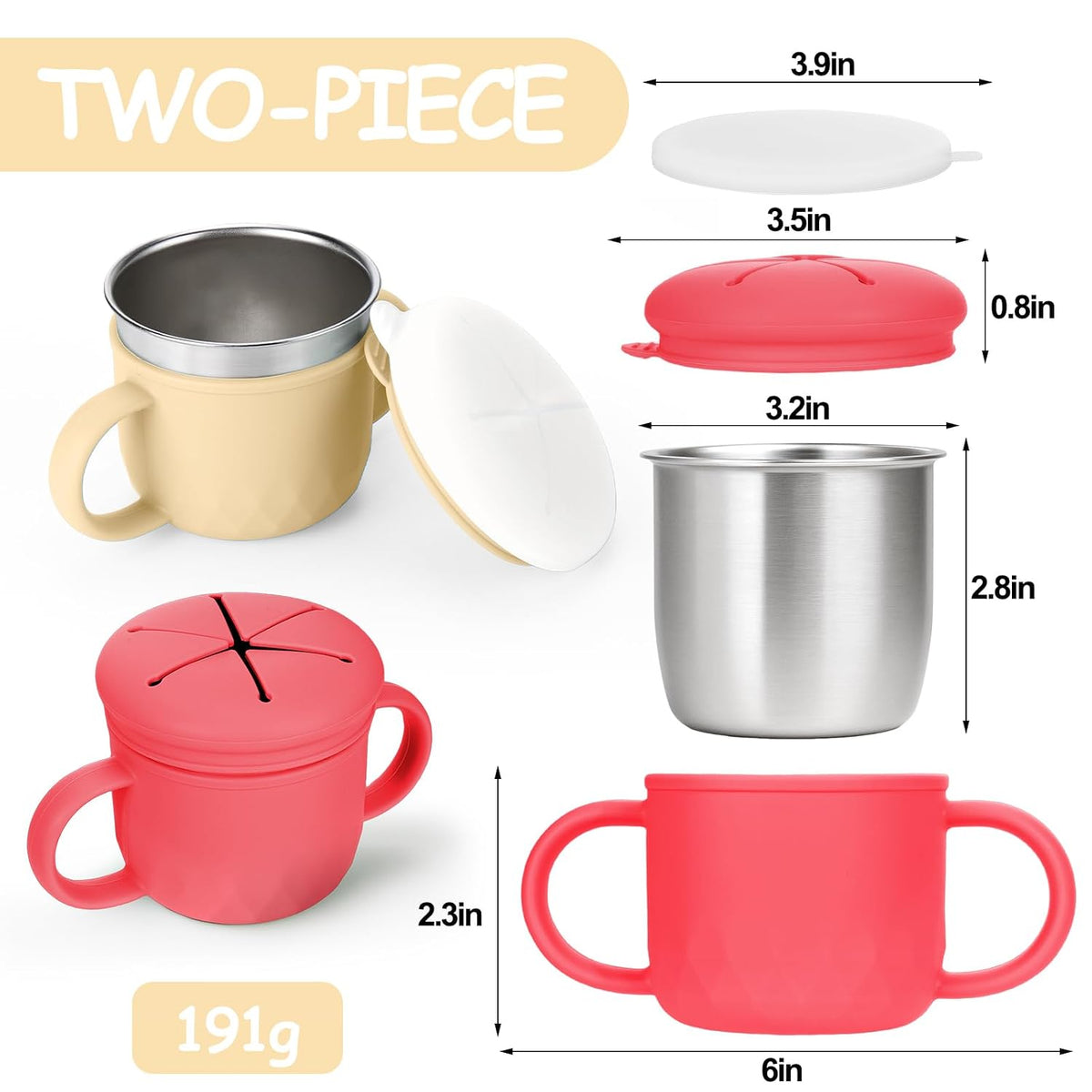 2-Pack Stainless Steel Snack Containers, 4-in-1 Spill proof Snack Cups With Silicone Lid and Handle, Dishwasher Safe Travel Snack Containers for Kids and Infants (Purple + Gray)