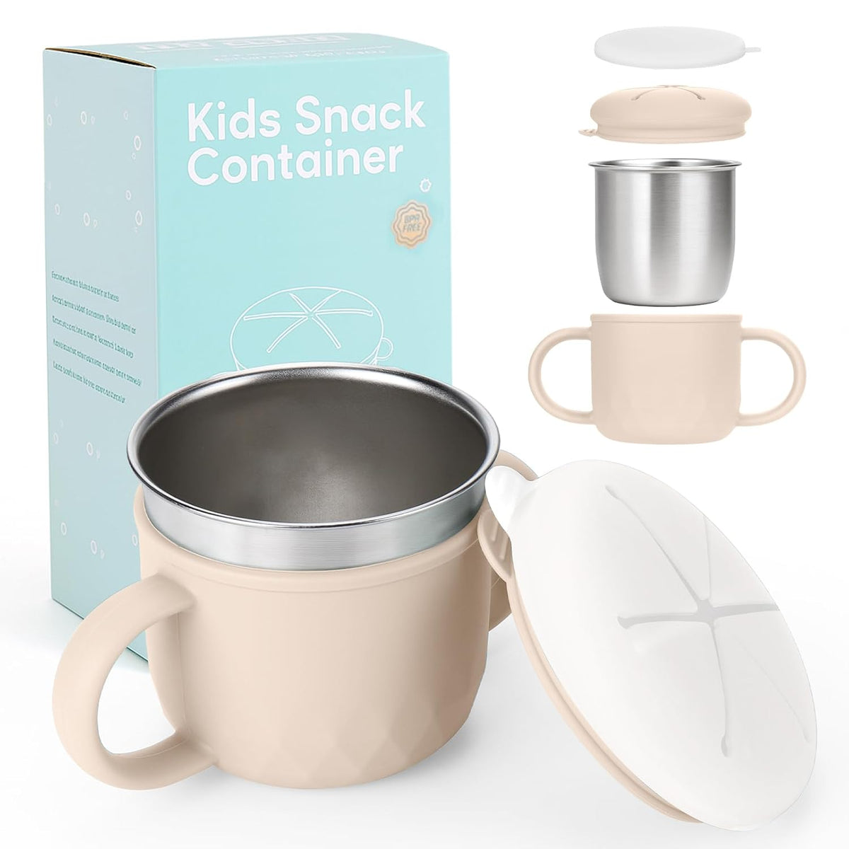 2-Pack Stainless Steel Snack Containers, 4-in-1 Spill proof Snack Cups With Silicone Lid and Handle, Dishwasher Safe Travel Snack Containers for Kids and Infants (Purple + Gray)