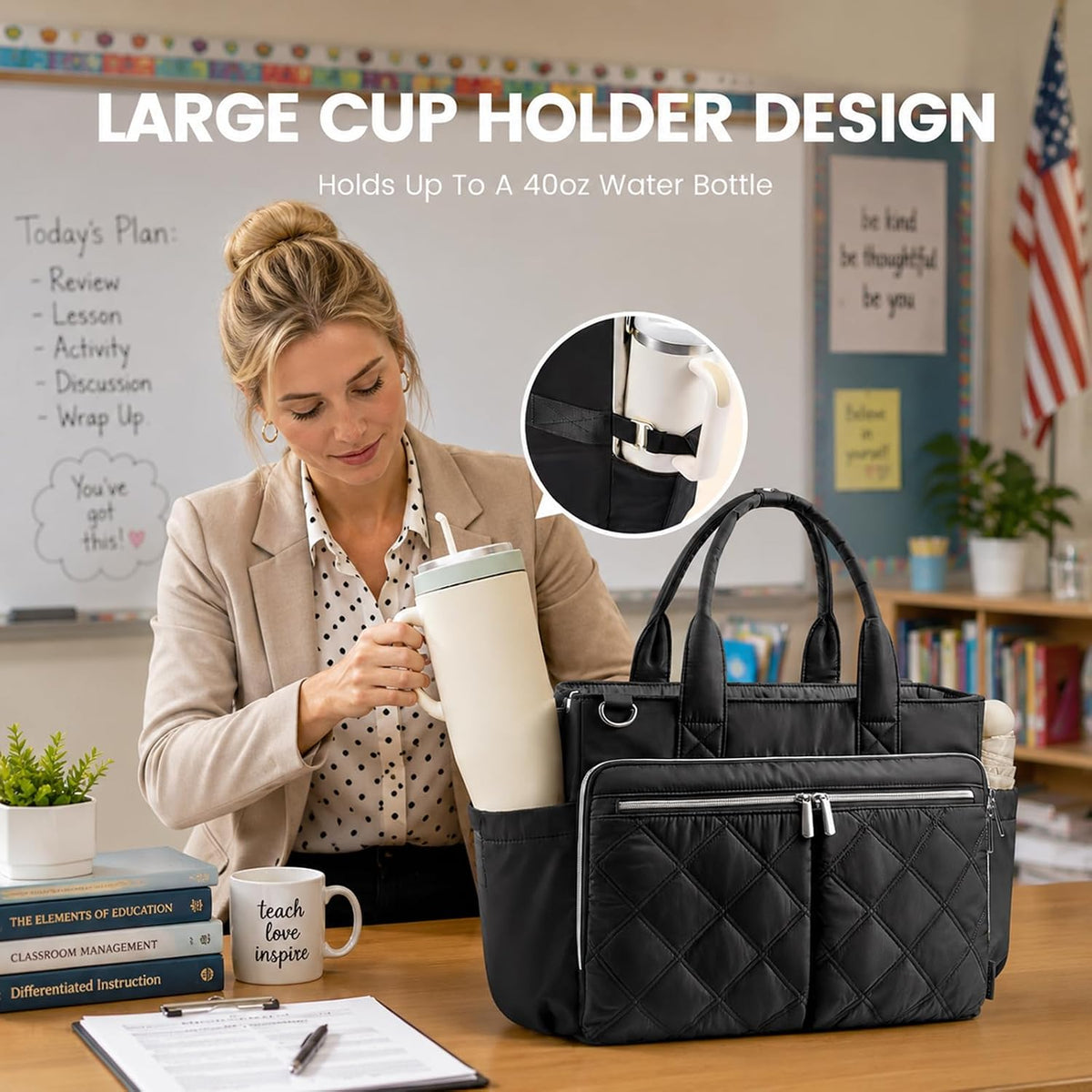 Teacher Tote Bag for Women Quilted Laptop Work Handbag for Travel