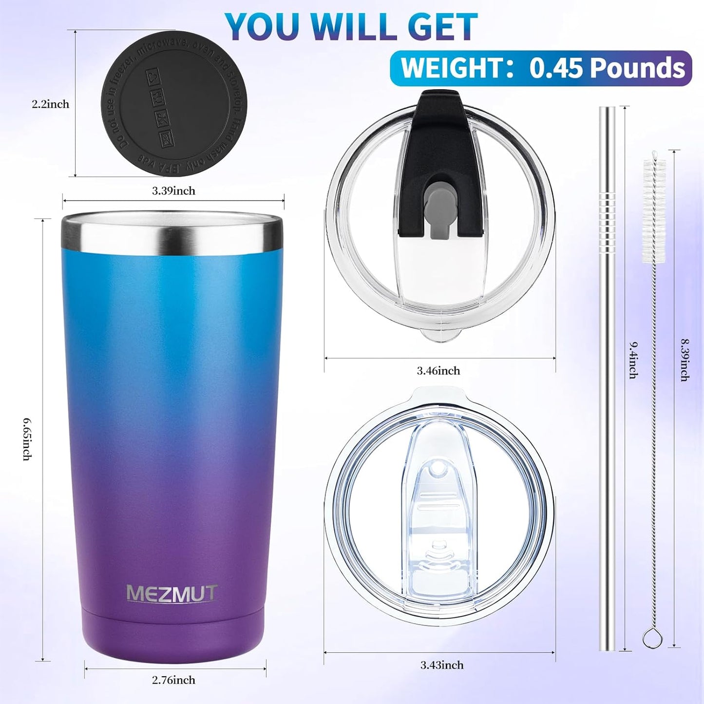 20oz Insulated Tumbler Travel Coffee Mug with Lid Straw(Lavender,1) | 18/8 Stainless Steel Double Wall Vacuum Spill Proof Metal Insulated Tumbler with Daul Lid and Straw, Hot or Iced Coffee Cup