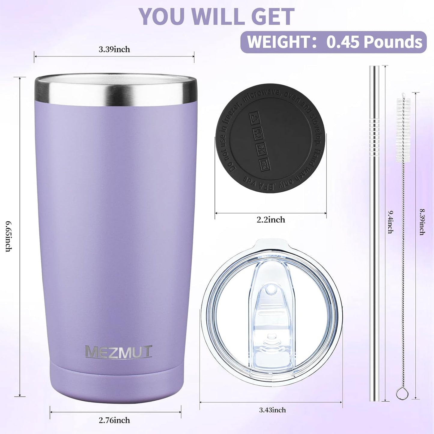 20oz Insulated Tumbler Travel Coffee Mug with Lid Straw(Lavender,1) | 18/8 Stainless Steel Double Wall Vacuum Spill Proof Metal Insulated Tumbler with Daul Lid and Straw, Hot or Iced Coffee Cup