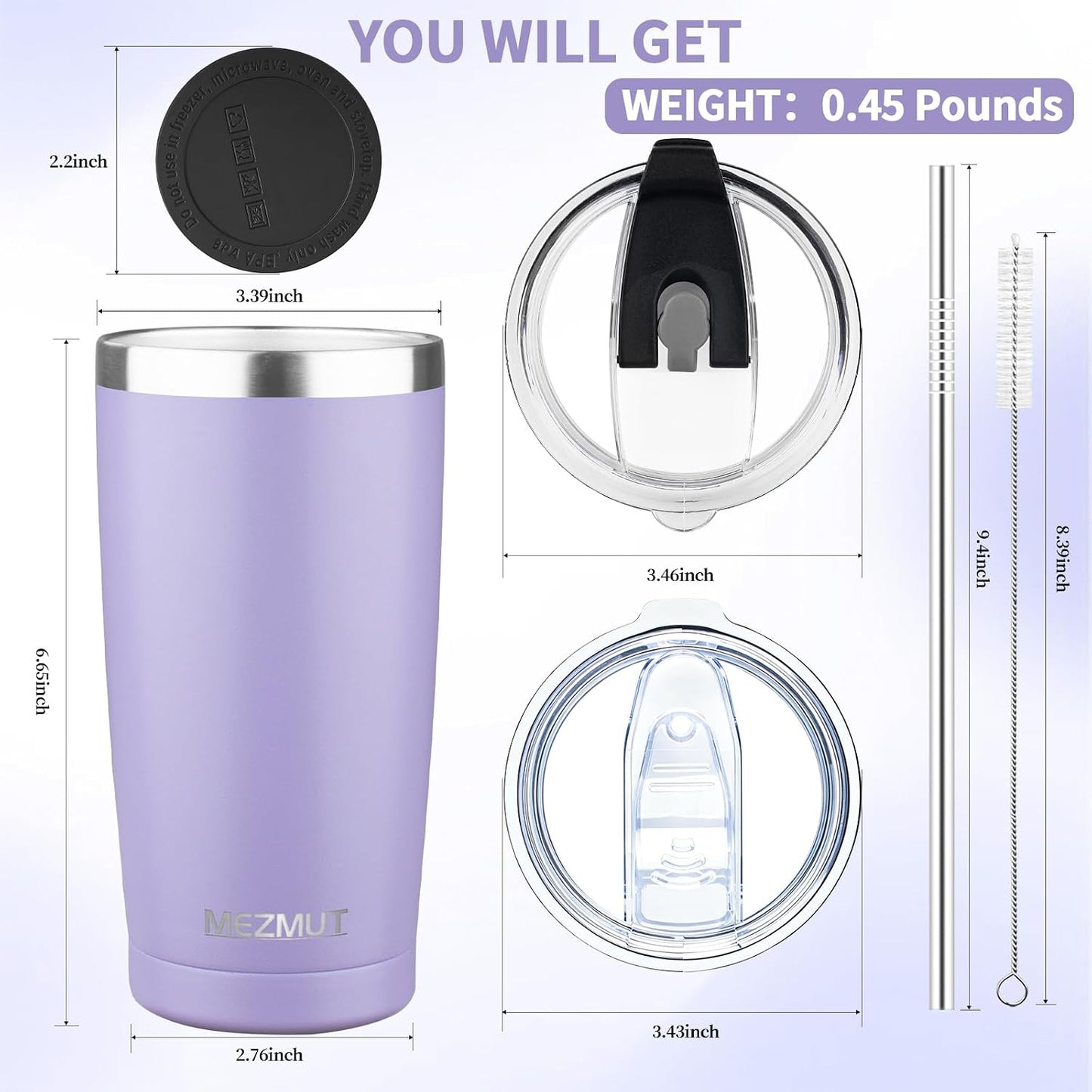 20oz Insulated Tumbler Travel Coffee Mug with Lid Straw(Lavender,1) | 18/8 Stainless Steel Double Wall Vacuum Spill Proof Metal Insulated Tumbler with Daul Lid and Straw, Hot or Iced Coffee Cup