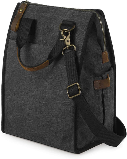 Insulated Canvas Lunch Bag for Women/Men-9.6 L Reusable Leakproof Lunch Tote Bag for Work Picnic Beach - Fashion Lunchbox for Men and Women with Shoulder Strap(Dark Grey)