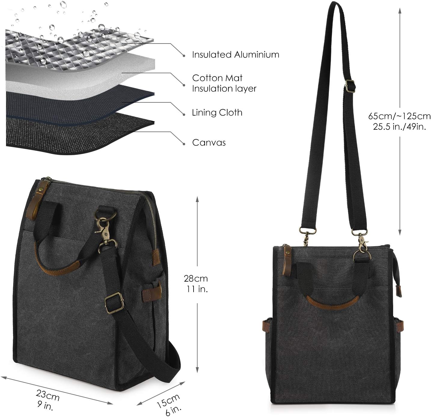 Insulated Canvas Lunch Bag for Women/Men-9.6 L Reusable Leakproof Lunch Tote Bag for Work Picnic Beach - Fashion Lunchbox for Men and Women with Shoulder Strap(Dark Grey)