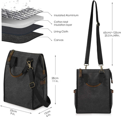 Insulated Canvas Lunch Bag for Women/Men-9.6 L Reusable Leakproof Lunch Tote Bag for Work Picnic Beach - Fashion Lunchbox for Men and Women with Shoulder Strap(Dark Grey)