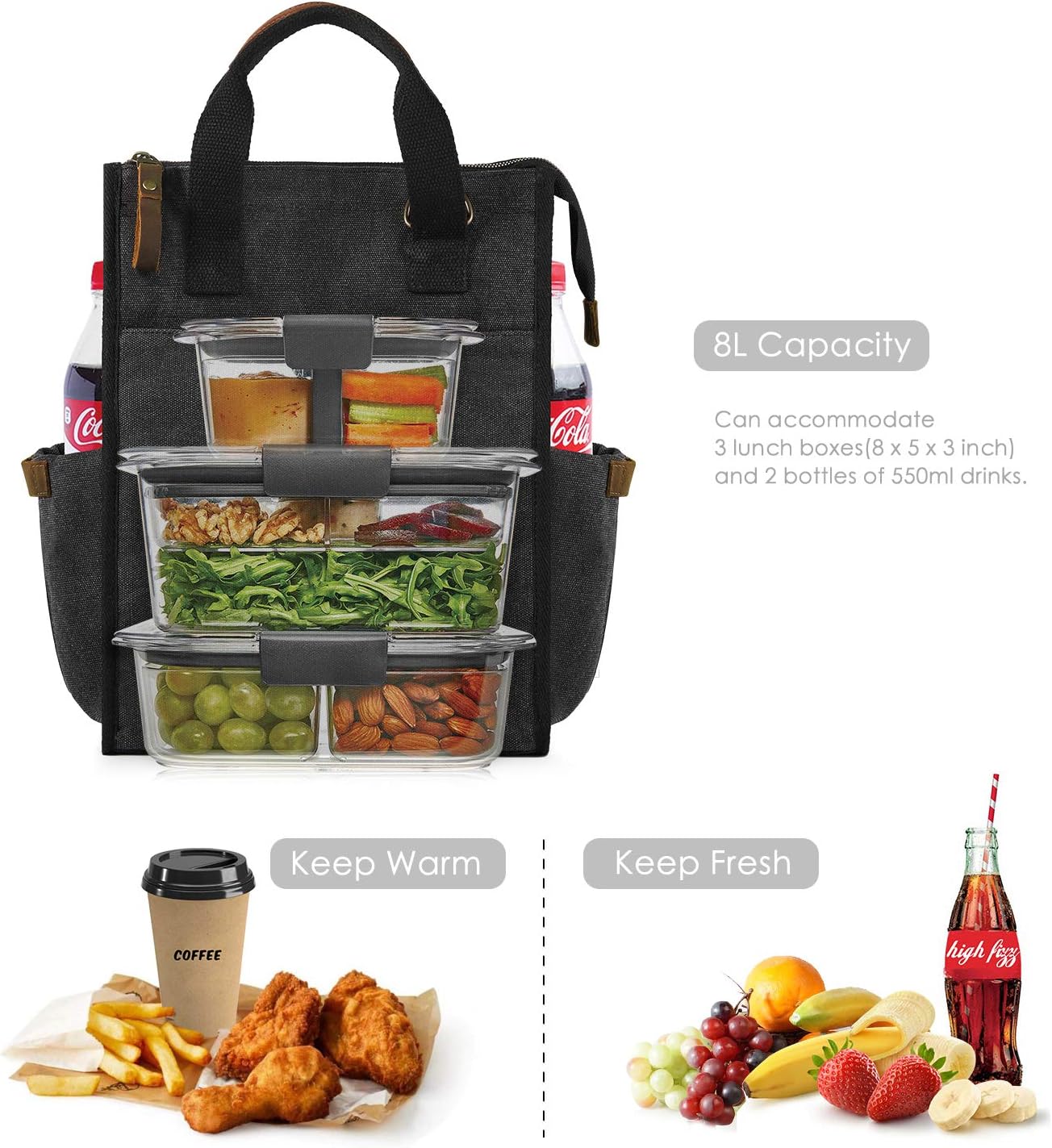 Insulated Canvas Lunch Bag for Women/Men-9.6 L Reusable Leakproof Lunch Tote Bag for Work Picnic Beach - Fashion Lunchbox for Men and Women with Shoulder Strap(Dark Grey)