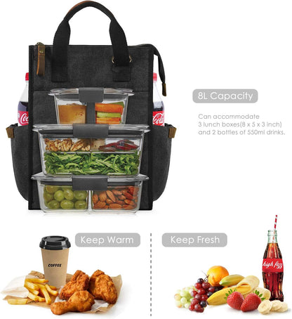 Insulated Canvas Lunch Bag for Women/Men-9.6 L Reusable Leakproof Lunch Tote Bag for Work Picnic Beach - Fashion Lunchbox for Men and Women with Shoulder Strap(Dark Grey)