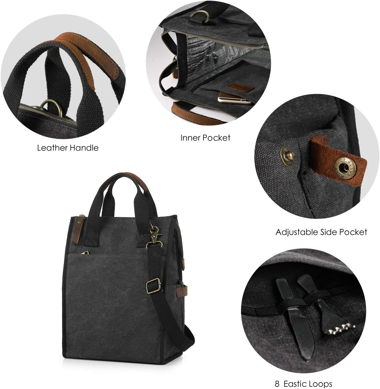 Insulated Canvas Lunch Bag for Women/Men-9.6 L Reusable Leakproof Lunch Tote Bag for Work Picnic Beach - Fashion Lunchbox for Men and Women with Shoulder Strap(Dark Grey)