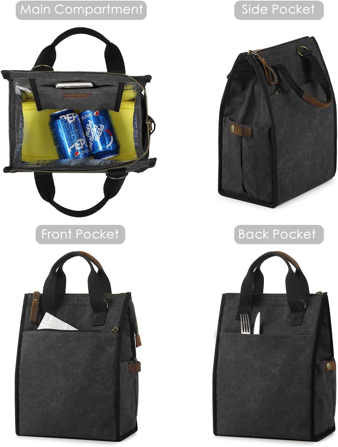 Insulated Canvas Lunch Bag for Women/Men-9.6 L Reusable Leakproof Lunch Tote Bag for Work Picnic Beach - Fashion Lunchbox for Men and Women with Shoulder Strap(Dark Grey)