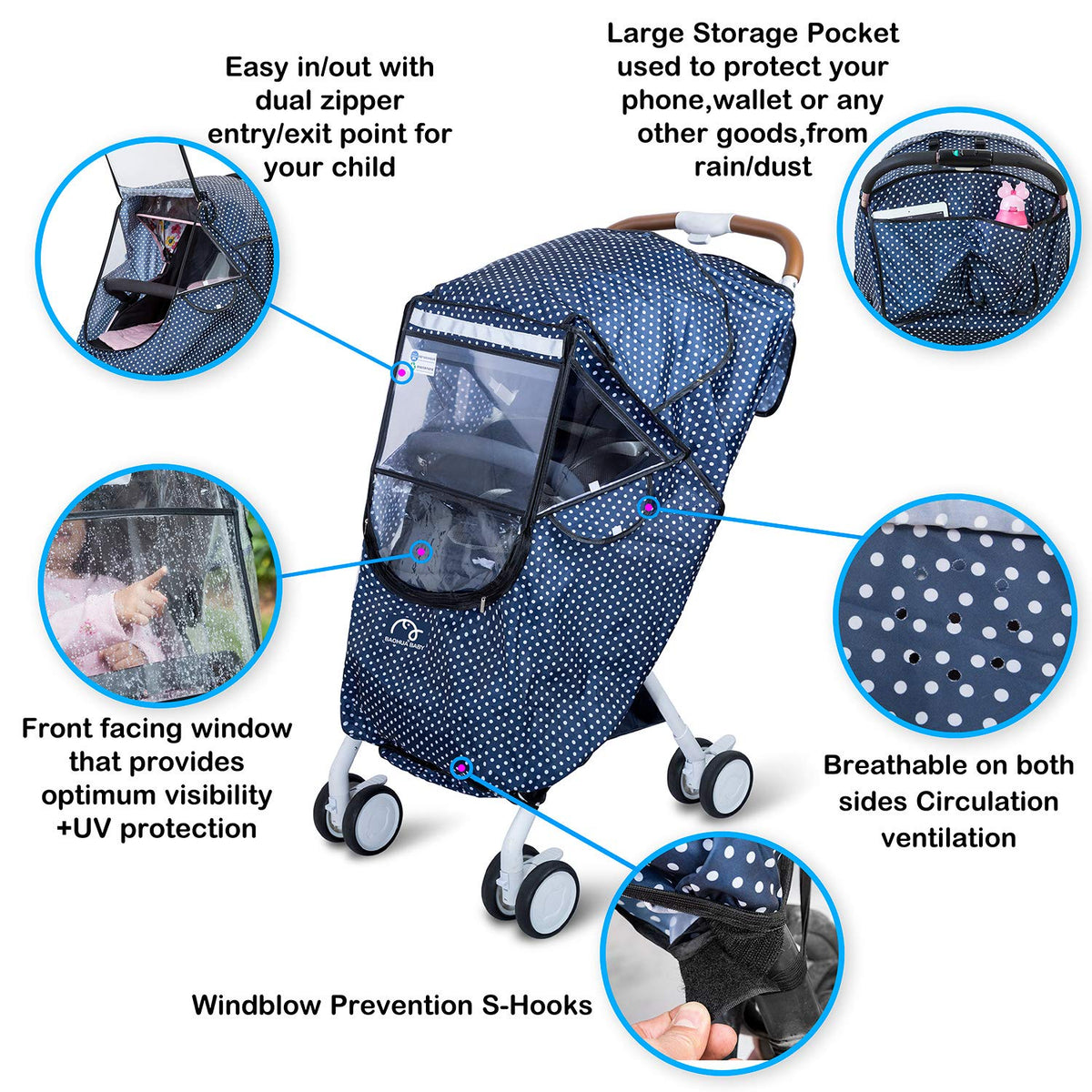Stroller Rain Cover, Universal Single Stroller Weather Shield, Waterproof Windproof Breathable & Sun Protection, All-Weather Rain Snow Cold Protection, Baby Travel Essential with Storage Pocket