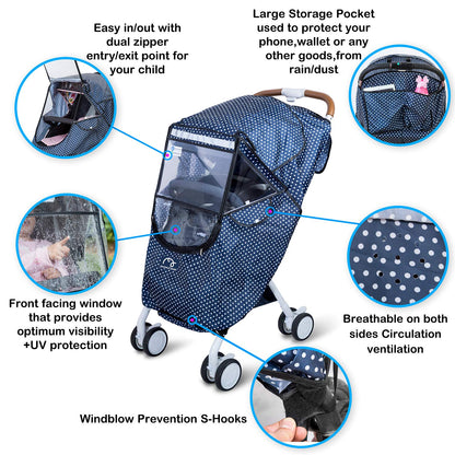 Stroller Rain Cover, Universal Single Stroller Weather Shield, Waterproof Windproof Breathable & Sun Protection, All-Weather Rain Snow Cold Protection, Baby Travel Essential with Storage Pocket