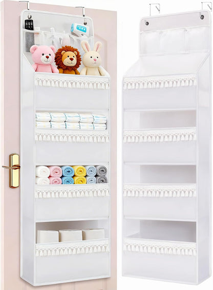 Over Door Organizer - Boho Nursery Hanging Organizer with Tassels -Oxford Behind Door Storage for Bedroom, Bathroom, Closet, Dorm, Pantry, Baby Diapers, Toys, Plush, 4 Tiers, White