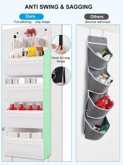 Over Door Organizer - Boho Nursery Hanging Organizer with Tassels -Oxford Behind Door Storage for Bedroom, Bathroom, Closet, Dorm, Pantry, Baby Diapers, Toys, Plush, 4 Tiers, White