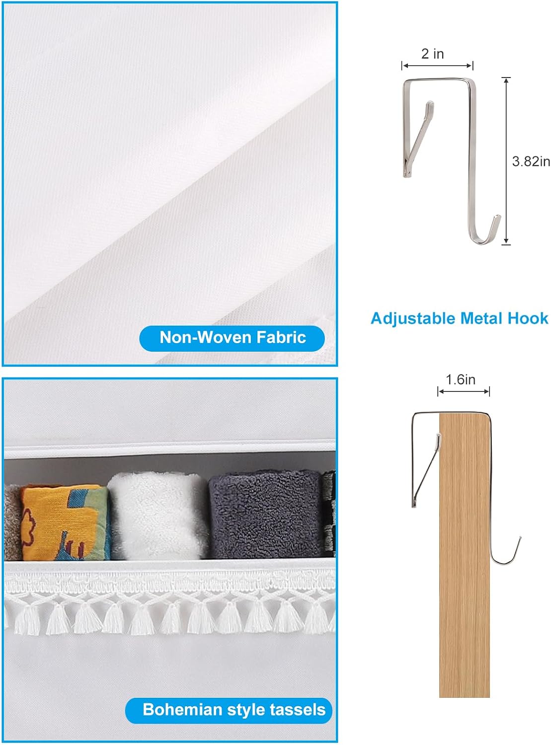 Over Door Organizer - Boho Nursery Hanging Organizer with Tassels -Oxford Behind Door Storage for Bedroom, Bathroom, Closet, Dorm, Pantry, Baby Diapers, Toys, Plush, 4 Tiers, White