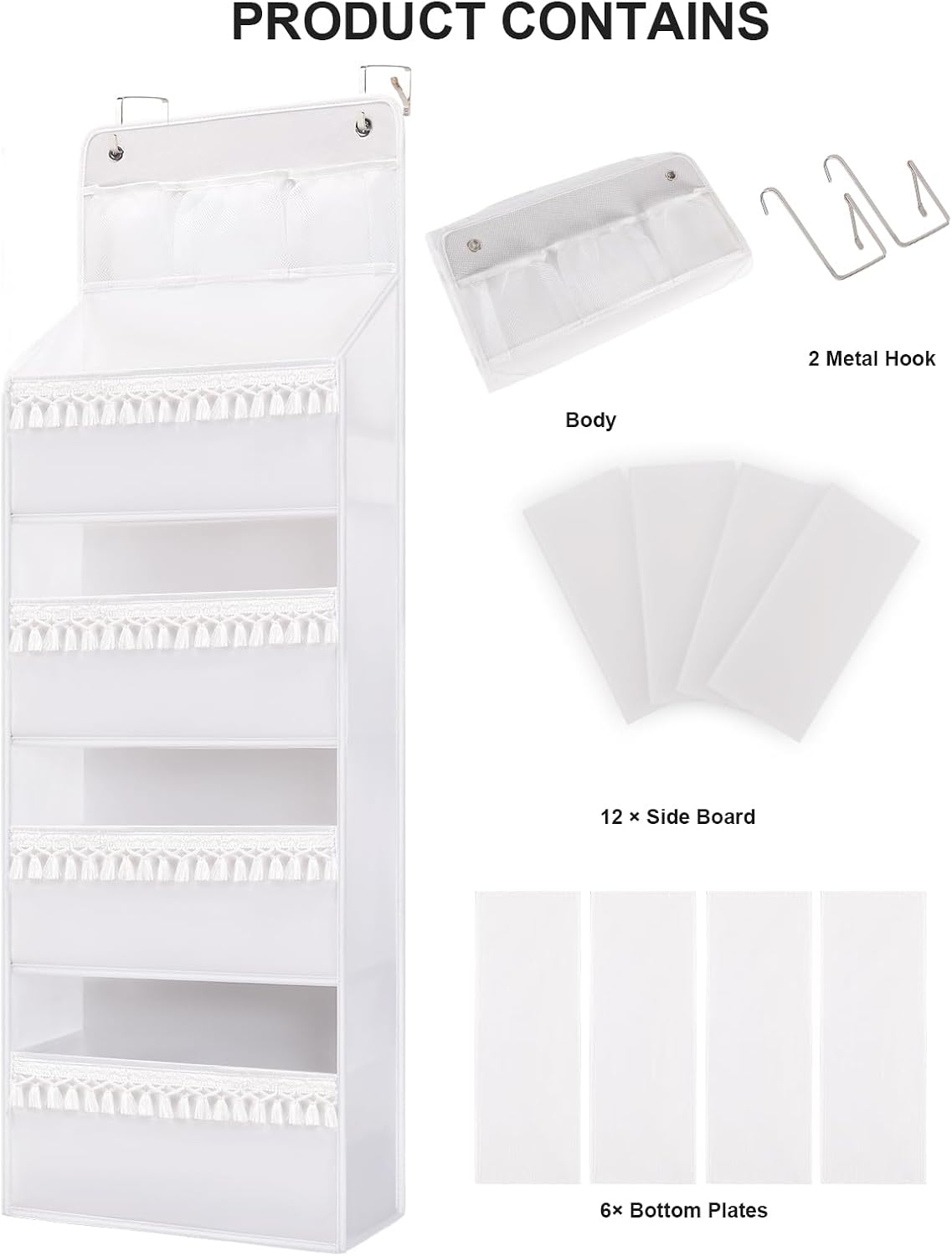 Over Door Organizer - Boho Nursery Hanging Organizer with Tassels -Oxford Behind Door Storage for Bedroom, Bathroom, Closet, Dorm, Pantry, Baby Diapers, Toys, Plush, 4 Tiers, White