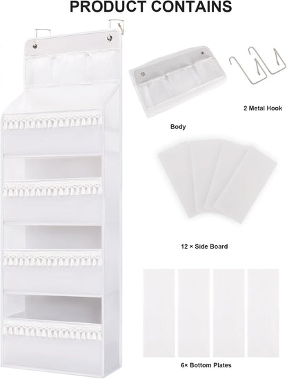 Over Door Organizer - Boho Nursery Hanging Organizer with Tassels -Oxford Behind Door Storage for Bedroom, Bathroom, Closet, Dorm, Pantry, Baby Diapers, Toys, Plush, 4 Tiers, White