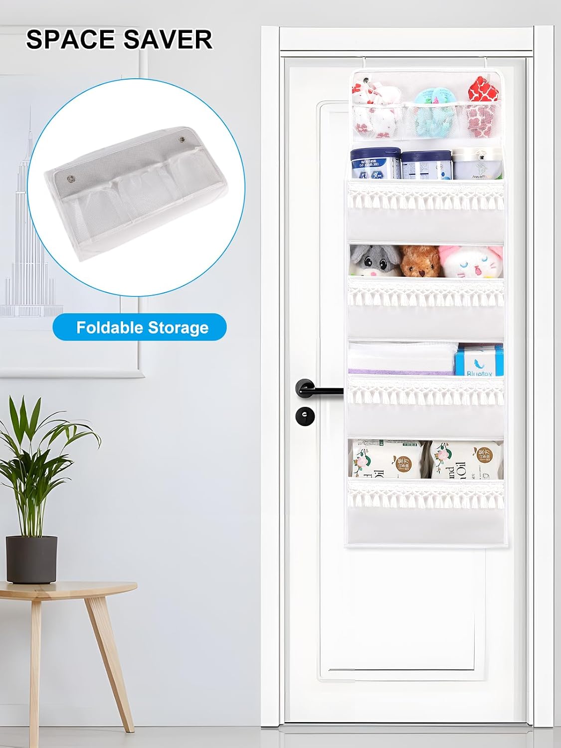 Over Door Organizer - Boho Nursery Hanging Organizer with Tassels -Oxford Behind Door Storage for Bedroom, Bathroom, Closet, Dorm, Pantry, Baby Diapers, Toys, Plush, 4 Tiers, White