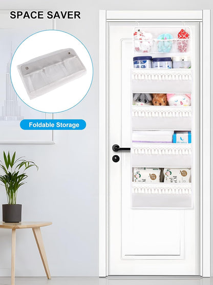 Over Door Organizer - Boho Nursery Hanging Organizer with Tassels -Oxford Behind Door Storage for Bedroom, Bathroom, Closet, Dorm, Pantry, Baby Diapers, Toys, Plush, 4 Tiers, White