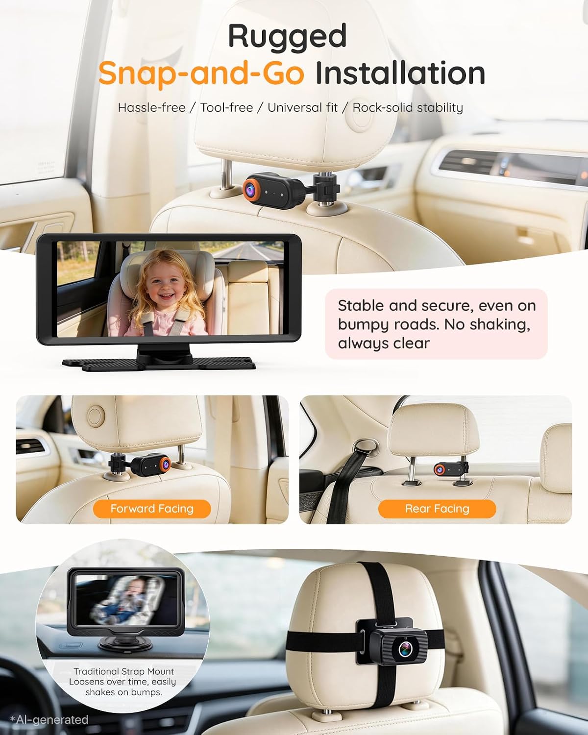 BM2 PRO Dual Baby Car Camera, 5.2" 1080P Baby Monitor
