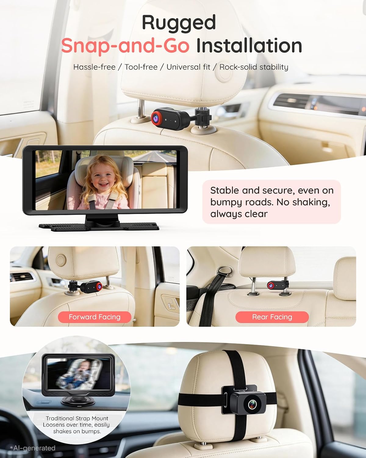 BM2 PRO Dual Baby Car Camera, 5.2" 1080P Baby Monitor