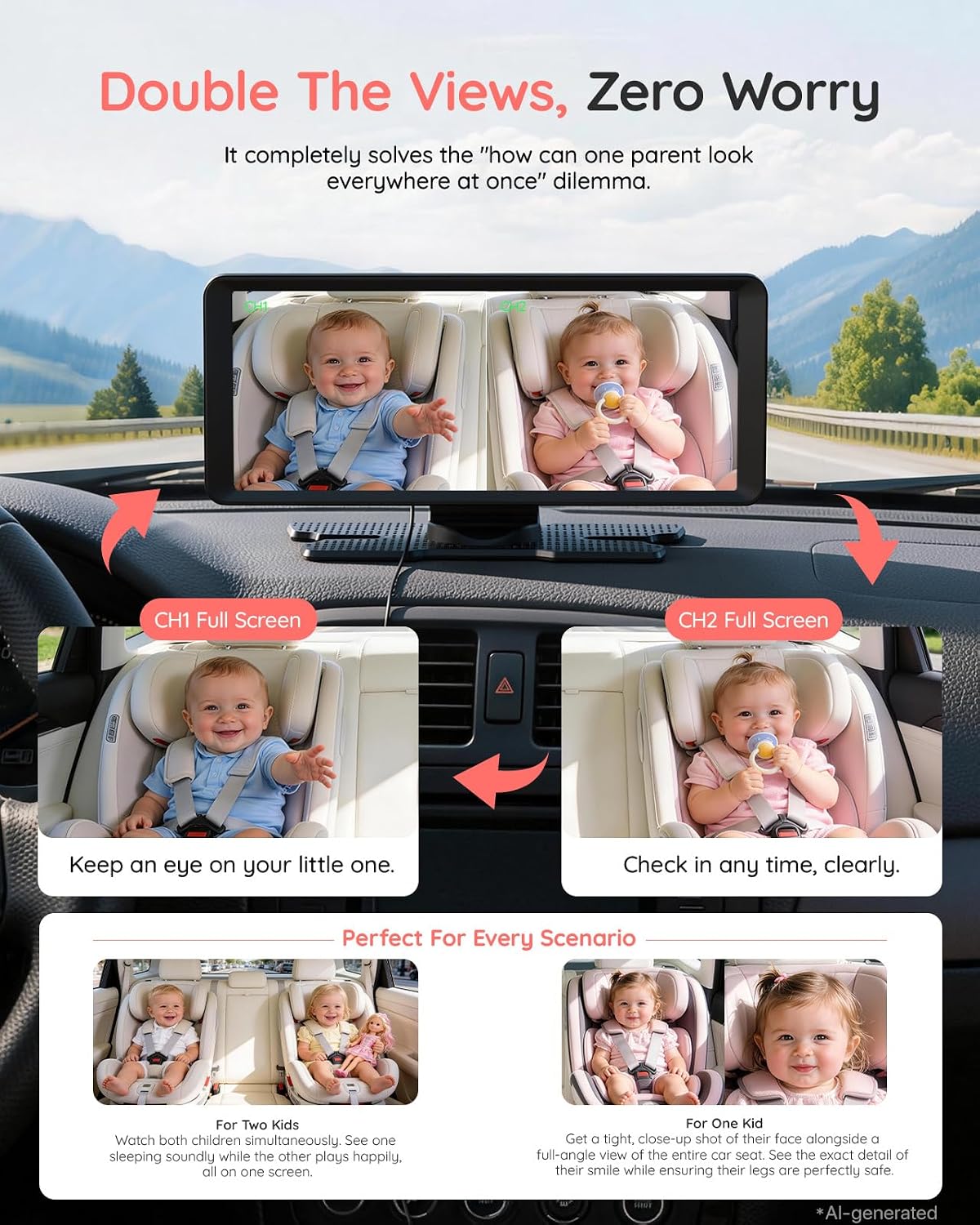 BM2 PRO Dual Baby Car Camera, 5.2" 1080P Baby Monitor