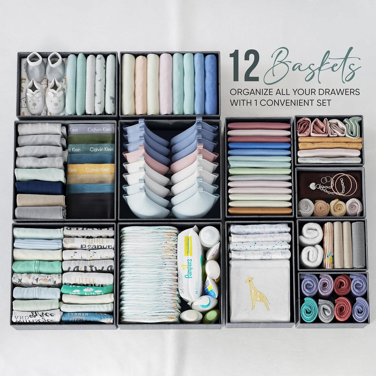 Drawer Organizer Clothes Set of 12 White-Grey - Dresser Organizer For Nursery, Bedroom, Closet - Perfect Baby Clothes Organizer and Storage & General Nursery Organization or Dresser Drawer Organizers