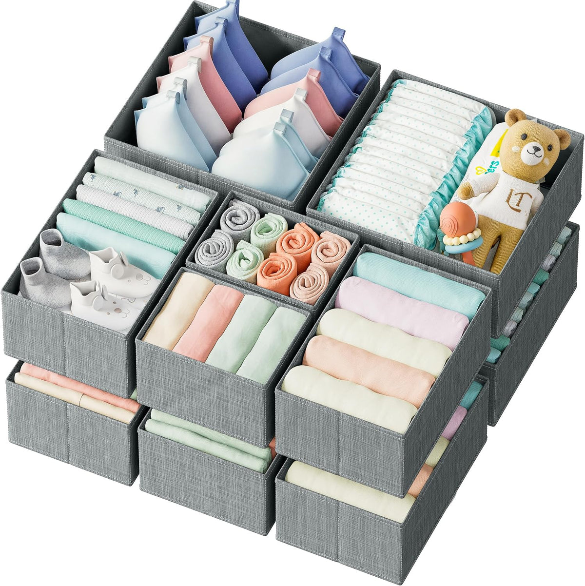 Drawer Organizer Clothes Set of 12 White-Grey - Dresser Organizer For Nursery, Bedroom, Closet - Perfect Baby Clothes Organizer and Storage & General Nursery Organization or Dresser Drawer Organizers