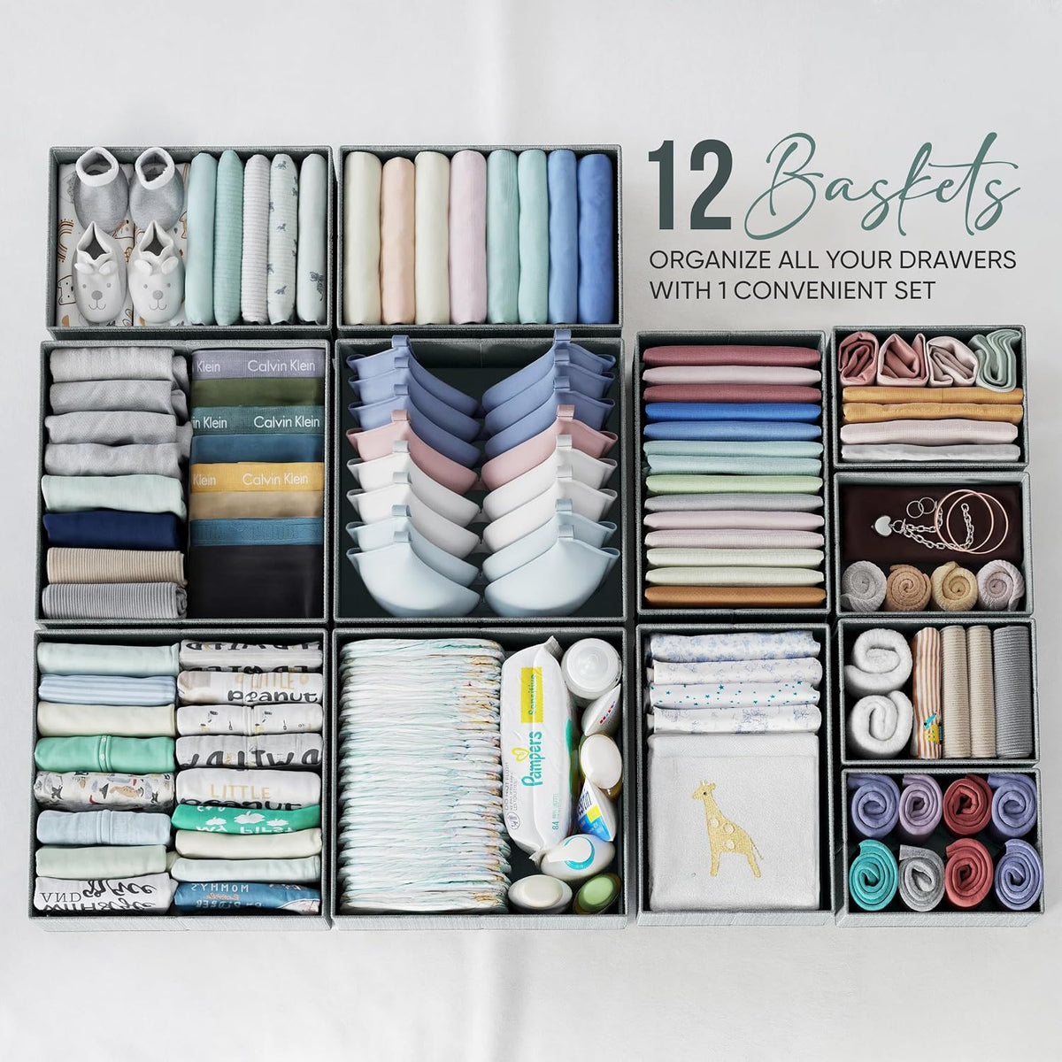 Drawer Organizer Clothes Set of 12 White-Grey - Dresser Organizer For Nursery, Bedroom, Closet - Perfect Baby Clothes Organizer and Storage & General Nursery Organization or Dresser Drawer Organizers