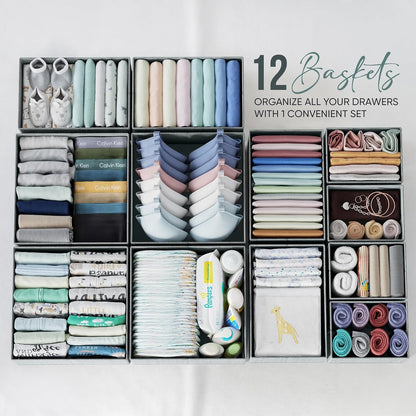 Drawer Organizer Clothes Set of 12 White-Grey - Dresser Organizer For Nursery, Bedroom, Closet - Perfect Baby Clothes Organizer and Storage & General Nursery Organization or Dresser Drawer Organizers