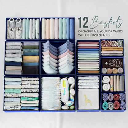 Drawer Organizer Clothes Set of 12 White-Grey - Dresser Organizer For Nursery, Bedroom, Closet - Perfect Baby Clothes Organizer and Storage & General Nursery Organization or Dresser Drawer Organizers