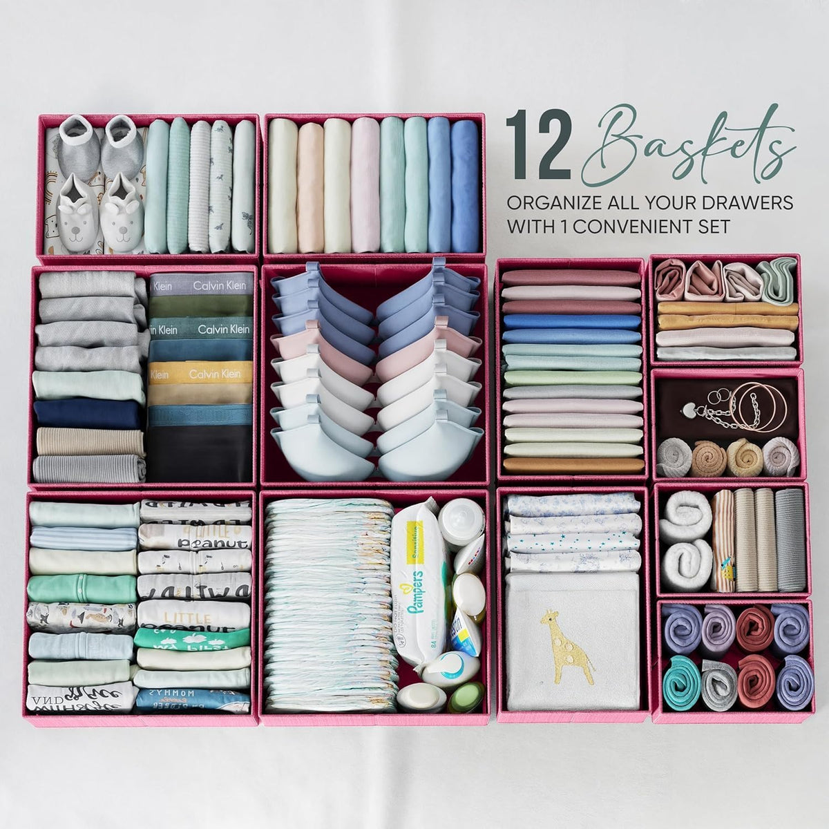 Drawer Organizer Clothes Set of 12 White-Grey - Dresser Organizer For Nursery, Bedroom, Closet - Perfect Baby Clothes Organizer and Storage & General Nursery Organization or Dresser Drawer Organizers