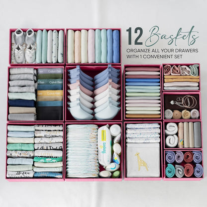Drawer Organizer Clothes Set of 12 White-Grey - Dresser Organizer For Nursery, Bedroom, Closet - Perfect Baby Clothes Organizer and Storage & General Nursery Organization or Dresser Drawer Organizers