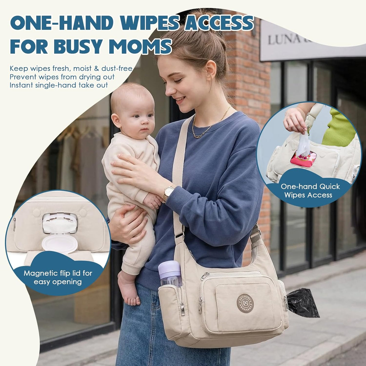 Puffer Crossbody Diaper Bag for Mom - Lightweight Nylon Mom Bag Baby Purse with Wipes & Trash Bag Dispenser