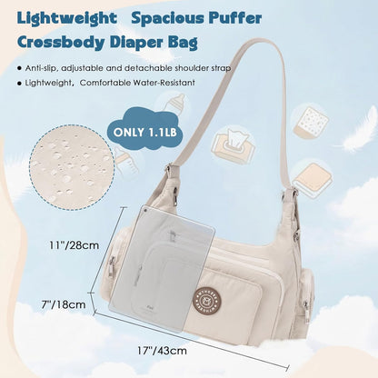 Puffer Crossbody Diaper Bag for Mom - Lightweight Nylon Mom Bag Baby Purse with Wipes & Trash Bag Dispenser
